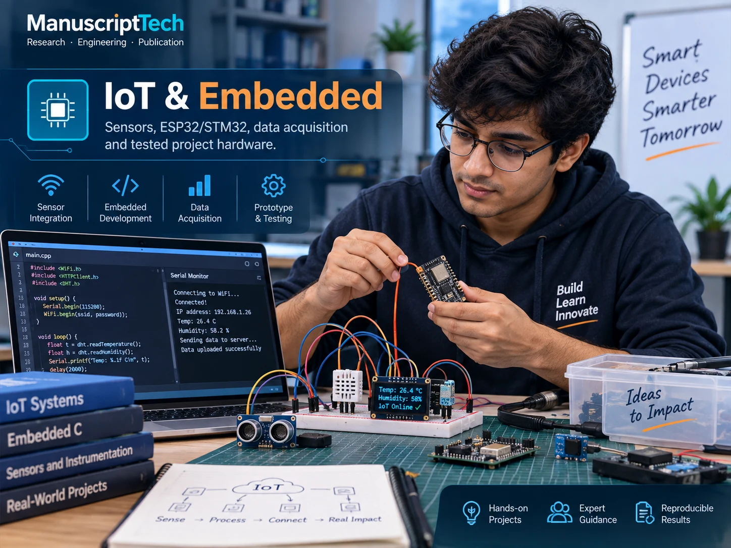 IoT and embedded systems development workspace with sensors and hardware bench