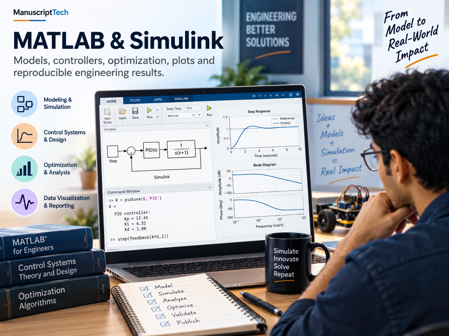 Engineer working on MATLAB and Simulink models at a technical workstation